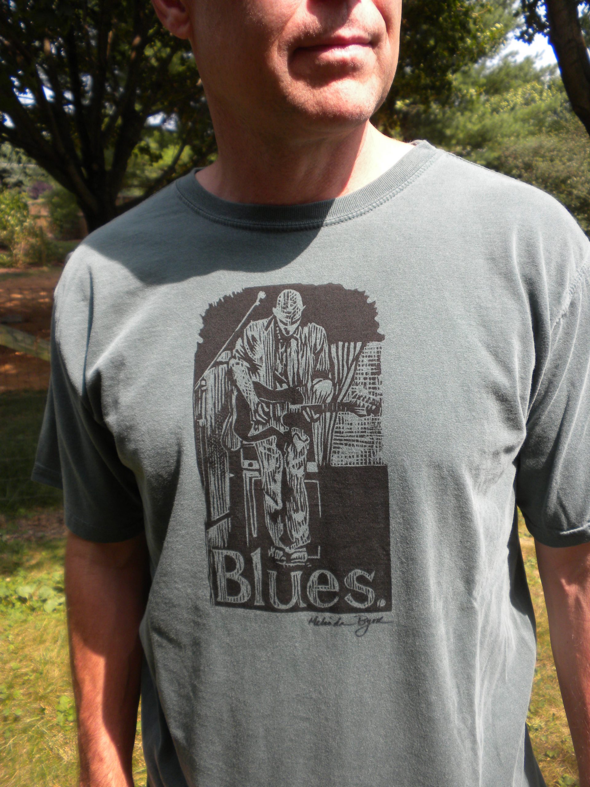 Byrdcall-Handprinted-shirt-woodcut-image-Blues