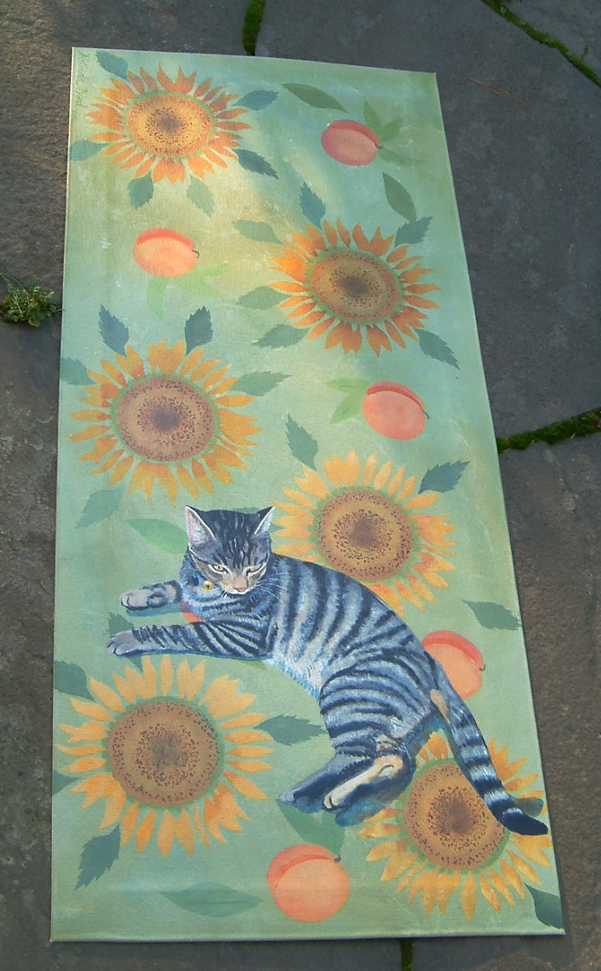 Floorcloth-custom-sunflowers-with-reclining-cat