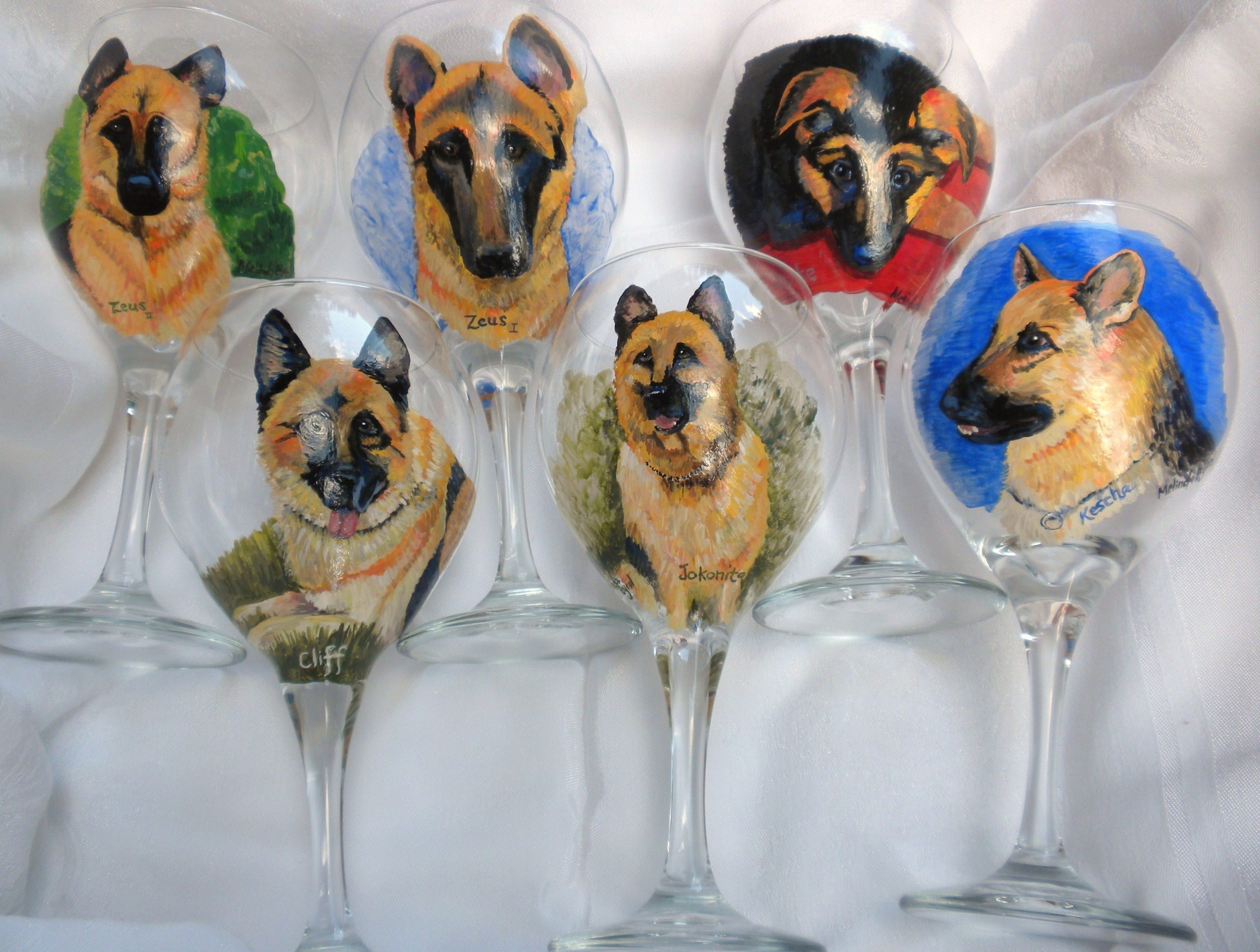 German Shepherds handpainted wine glass set