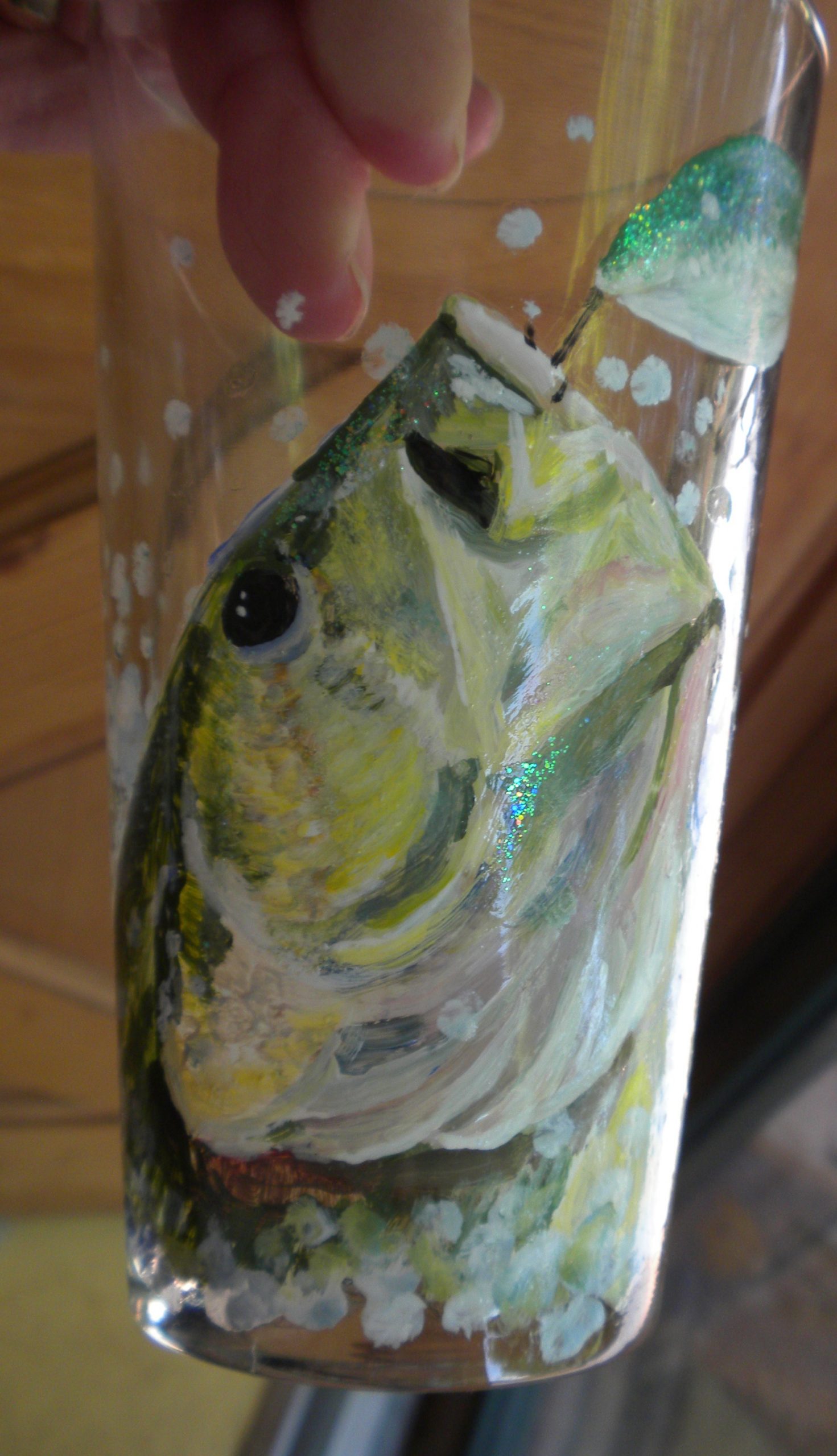Largemouth Bass hitting a lure handpainted on pint glass