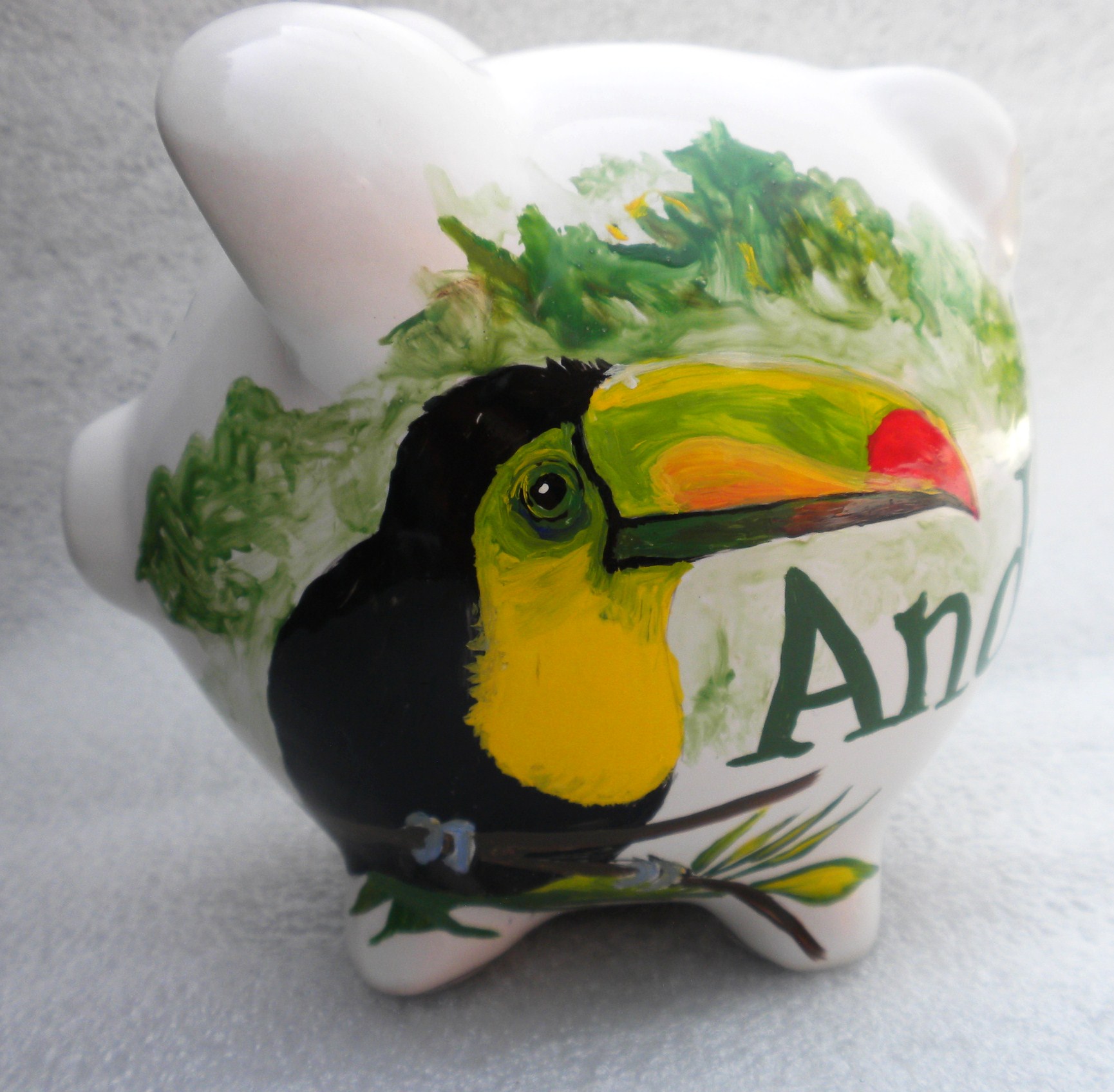 Piggy bank with Toucan hand-painted