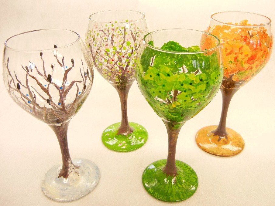 hand-painted wine glasses seasonal trees